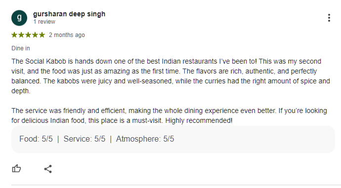 Happy customer gives The Social Kabob a 5-star Google rating for authentic Indian flavors