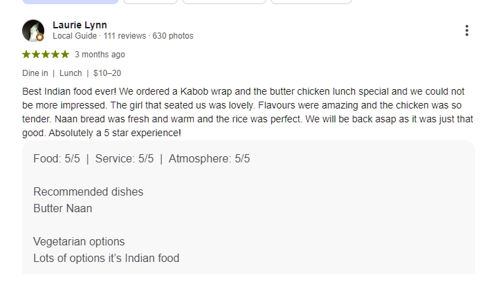 5-star Google review from a happy customer praising The Social Kabob restaurant in Okotoks, Alberta